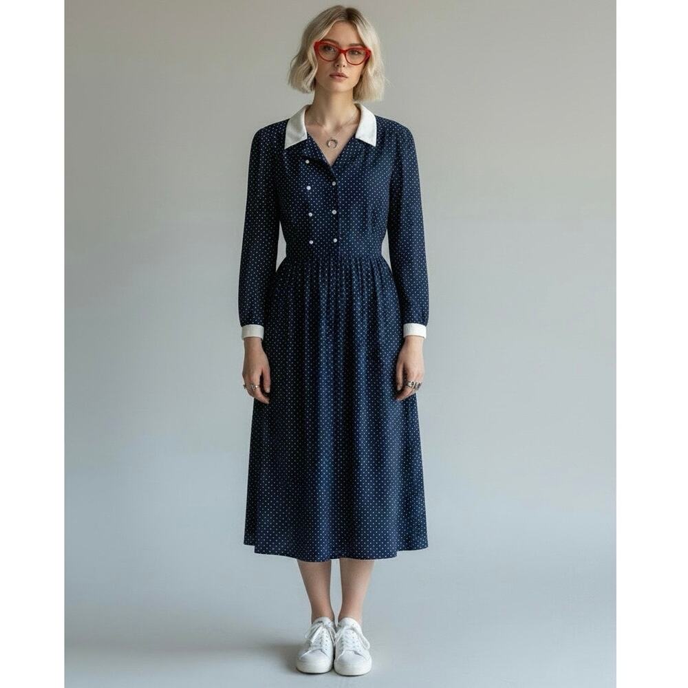 Walden Fashions Vintage 1980s Navy Polka Dot Secretary Dress Contrast Collar 12